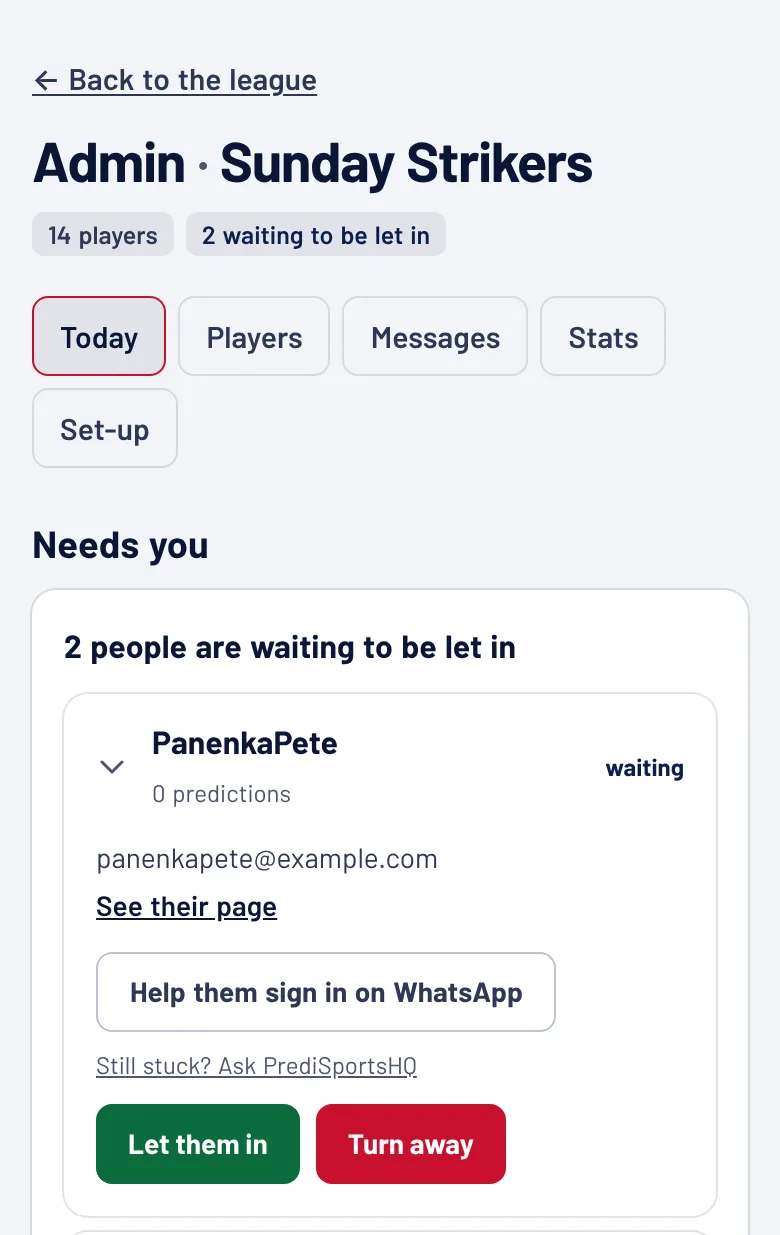 The Admin screen on the Today tab, showing two people waiting to be let in
