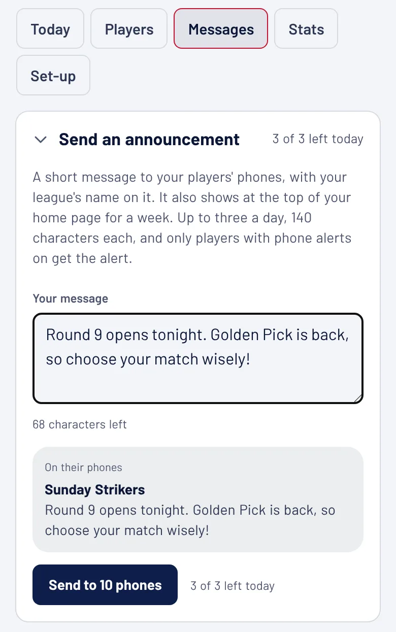 The Send an announcement box with a message typed and a preview of how it looks on a phone