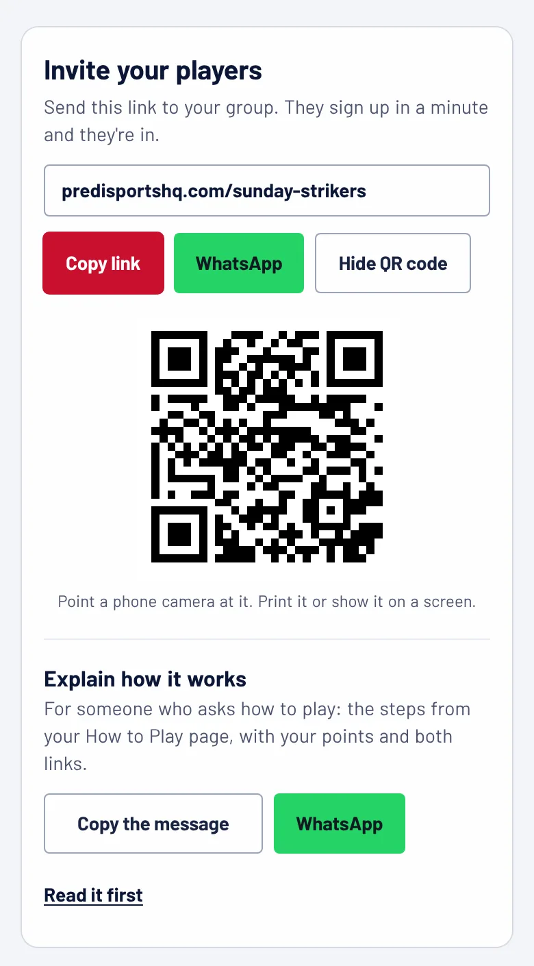The Invite your players card with the league's address, Copy link, WhatsApp and a QR code
