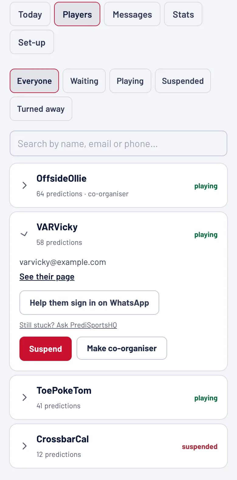 The Players tab with four players, one opened to show Suspend and Make co-organiser