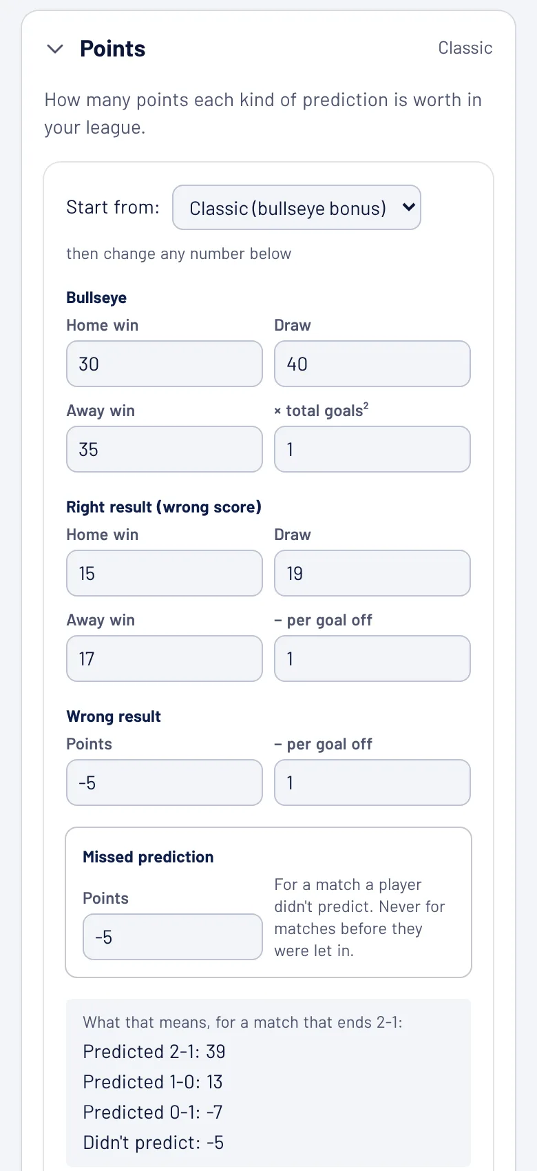 The Points settings: bullseye, right result, wrong result and missed prediction, with a worked example