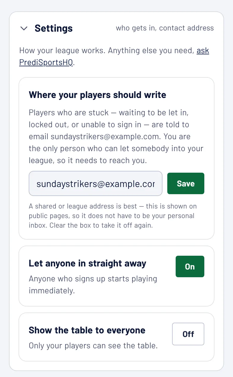 The Settings section with a contact email filled in and two on-off switches